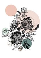 A4 Peony hand drawn illustration. Art print with beautiful black spring flower. Highly detailed and high quality graphic asset for online and print vector