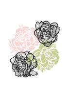 A4 peony line art and fill hand drawn illustration. Art print with beautiful and elegant black, pink, green spring flower. Highly detailed quality graphic asset for online and print. vector