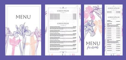 Colorful food and drinks menu designs. Restaurant menu template. Beautiful A4 format with high quality flowers for print and online usage. Saturated hand drawn line art iris illustrations. vector
