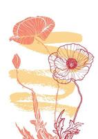 A4, A3 poppy line art hand drawn illustration. Art print with yellow and green summer flowers and a pink sketch mark. Highly detailed and high quality graphic asset for online and print. vector