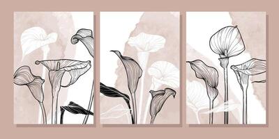 A4 set of calla lily flowers hand drawn illustrations. Art print with elegant black flowers on a beige watercolor splatter. Highly detailed and high quality graphic asset for online and print. vector