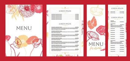 Colorful food and drinks menu designs. Restaurant menu template. Beautiful A4 format with high quality flowers for print and online usage. Saturated hand drawn line art poppy illustrations. vector