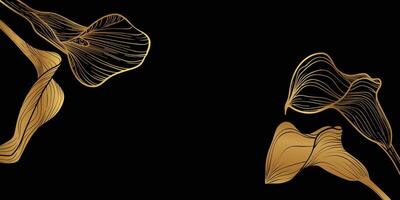 Abstract floral black background with golden line art calla lilies. Hand drawn calla lily banner with flower frame, border. design of card, banner, invitation, advertising and packaging vector