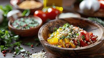 Fresh Vegetable Salad with Herbs and Seeds in Rustic Bowl photo