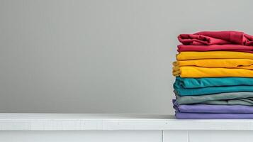 Colorful Stacked Clothing on a Shelf Against Neutral Background photo