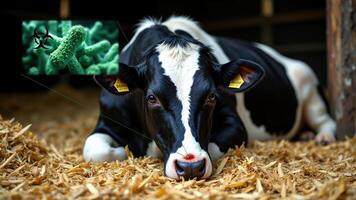 Cow Relaxing on Straw in the Barn with Soft Lighting and Texture. Anthrax is an acute bacterial infection. photo