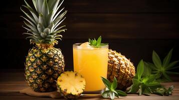 Fresh Pineapple Juice in a Glass Surrounded by Whole Pineapples photo