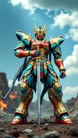 Detailed Action Figure in Vibrant Colors with Sword on Dramatic Background photo