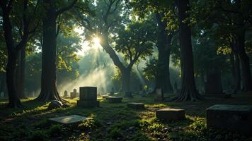 Sunlight Breaks Through Trees in Serene Cemetery Scene at Dawn photo