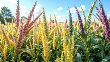 Vibrant Wheat Field with Colorful Spikes Under Bright Blue Sky photo