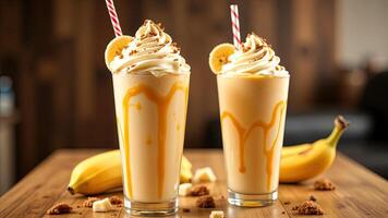 Creamy Banana Milkshake with Whipped Cream and Sliced Bananas photo
