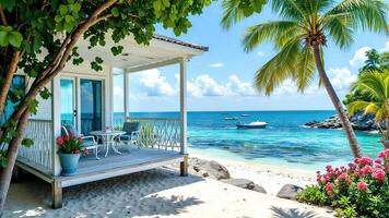 Tranquil Beachfront Villa with Scenic Ocean View and Palm Trees photo