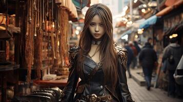 Mysterious Female Character in Dark Market Setting with Urban Vibe photo