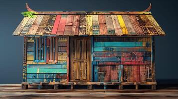 Colorful Wooden Cottage with Rustic Design and Artistic Flair photo