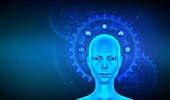 AI chatbot. AI assistant with cyborg woman head surrounded by connected gears and technology icons. AI agent. Concept of artificial intelligence, automation, and machine learning. vector