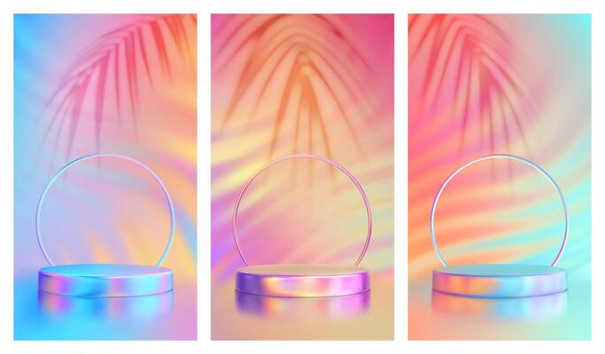 Summer product podium set. Summer sale podium with a palm leaves shadows. Pedestal, platform for product presentation. Bright colorful iridescent summer colors. Sunset, sunrise sky colors. .