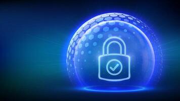 Cyber security. Data protection concept. Network safety. Information privacy. Padlock with Check mark icon inside transparent sphere shield with hexagon pattern on blue background vector