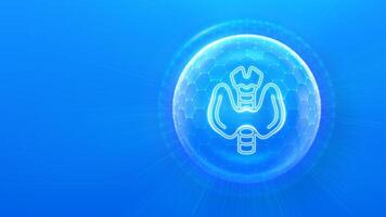 Thyroid gland protection. Raising awareness and preventing thyroid gland diseases. Thyroid gland icon inside protection sphere shield with hexagon pattern on blue background. illustration. vector