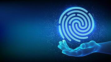 Biometric identification. Personal data protection. Cyber security. Password control. Private secure safety. Fingerprint icon in wireframe hand on circuit board pattern background. Illustration vector