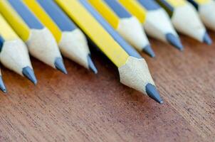 Close up view of pencil standing out representing Courage or Leadership with customizable space for text. photo