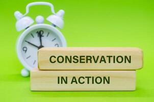 Wooden blocks with Conservation In Action text placed on green surface with alarm clock background. photo