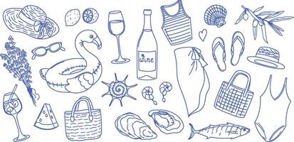 illustrations of summer elements in hand-drawn linear style Outline icons collection beachwear, seafood, drinks, accessories and shells. Design set for vacation themes design, print, decoration vector