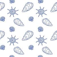 seamless pattern with hand drawn oysters, clams, seashells. Summer marine repeat background, simple sketch texture for textile, apparel, wrapping paper, decor. Nautical hand-drawn linear design vector