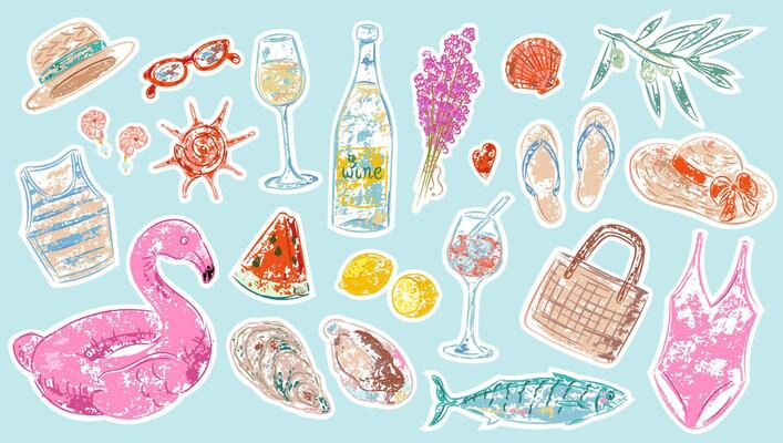 summer holiday sticker set with beach accessories, seafood, drinks and shells. Hand-drawn textured elements in grunge style. Colorful clipart for vacation design, travel decoration, print