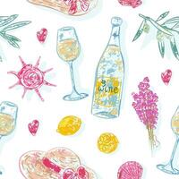 Seamless summer pattern with wine bottle, lavender, seashells and hat Hand-drawn textured design with soft grunge effect creates joyful summer mood and charm to prints, textile, wrapping paper vector