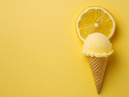 Lemon ice cream with a slice of lemon, yellow background photo