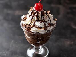 Chocolate ice cream sundae with whipped cream and cherry photo