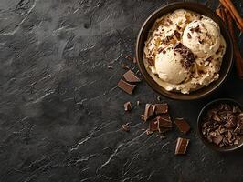Coffee ice cream with chocolate shavings photo