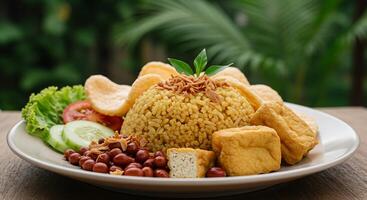 A plate of rice with fried tofu, vegetables and peanuts photo