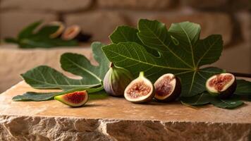 Fresh figs with fig leaves on rustic stone background in natural light setting. photo