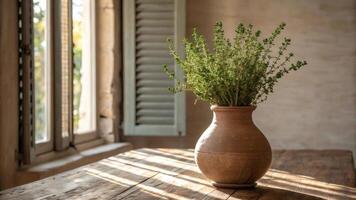 Rustic clay vase with fresh thyme on wooden table near sunny window indoors. photo