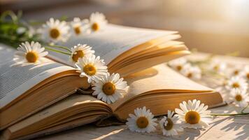 Open books with white daisies on wooden table in warm natural sunlight. photo