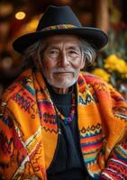 an elder storyteller at an Inti Raymi celebration, sitting in a decorated space, traditional textiles and ceremonial items around, a small audience listening attentively, warm evening glow photo