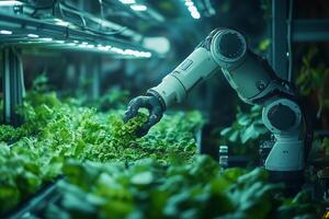 a robotic arm harvesting lettuce in a high tech indoor farm, sleek industrial design with bright LED grow lights, futuristic atmosphere photo