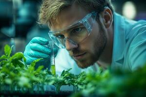 a scientist conducting research on genetically modified crops in a laboratory, holding a test tube and analyzing plant samples photo