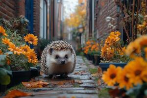 an environmental problem, wild animals in the city, a hedgehog exploring a small garden between urban housing photo
