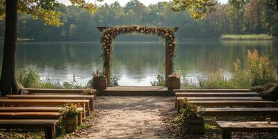 a boho style wedding setup by a serene lake, featuring a decorated arch and wooden benches, surrounded by trees, blank right side for text photo