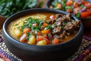 Paraguayan sopa paraguaya, cornbread-like dish, served alongside hearty beef stew and a fresh tomato salad, with a traditional woven tablecloth in the background photo
