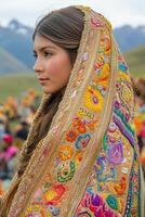 Inti Raymi costumes, focusing on the golden details, embroidery, and textures, worn by a performer with a blurred crowd and scenic mountains in the background photo