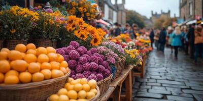 a vibrant Lughnasadh market, showcasing local produce photo