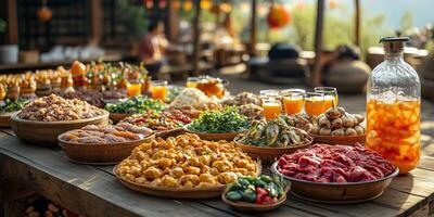 a Naadam feast table set outdoors, showcasing traditional Mongolian dishes and drinks photo