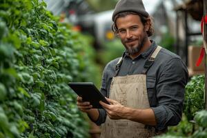 a farmer using a tablet to monitor crops in a modern greenhouse photo