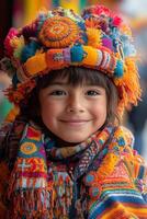 children dressed in traditional Andean clothing, smiling and playing during an Inti Raymi celebration, colorful banners and festive decorations in the background, soft daylight photo