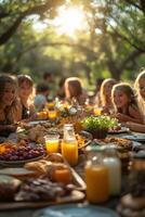 a multicultural family picnic in a sunny park, with a variety of foods and games being shared, children playing and adults chatting, natural light adding a joyful tone photo