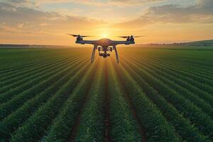 a drone flying over a large green field photo