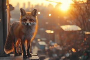 an environmental problem, wild animals in the city, a fox walking along an urban alley at dawn, with modern buildings and streetlights in the background photo